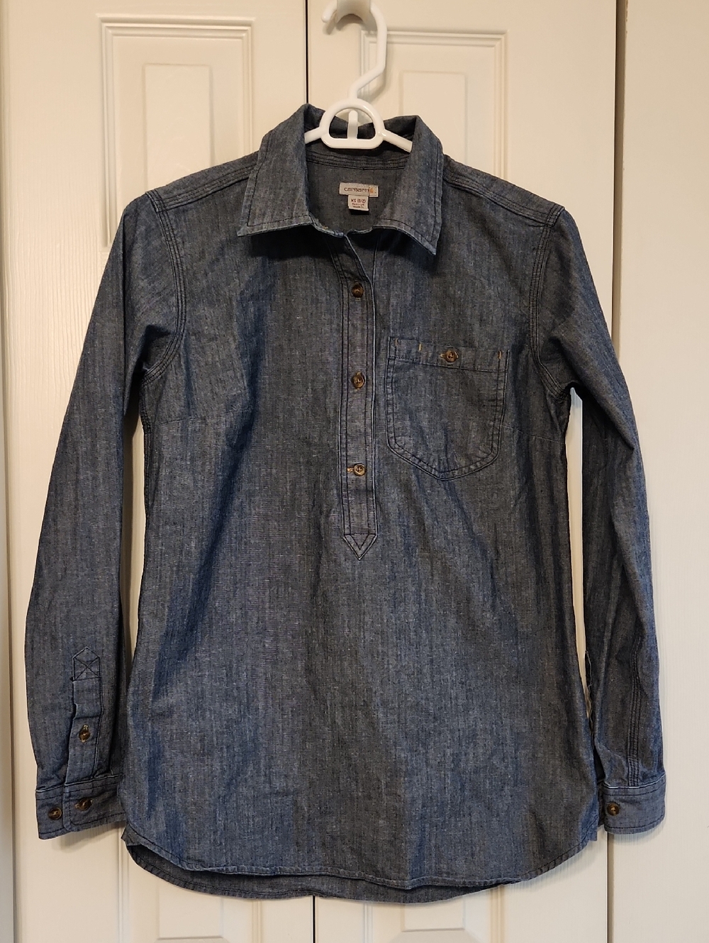 Womens Carhartt Chambray Denim Pullover Button Down Shirt Size XS